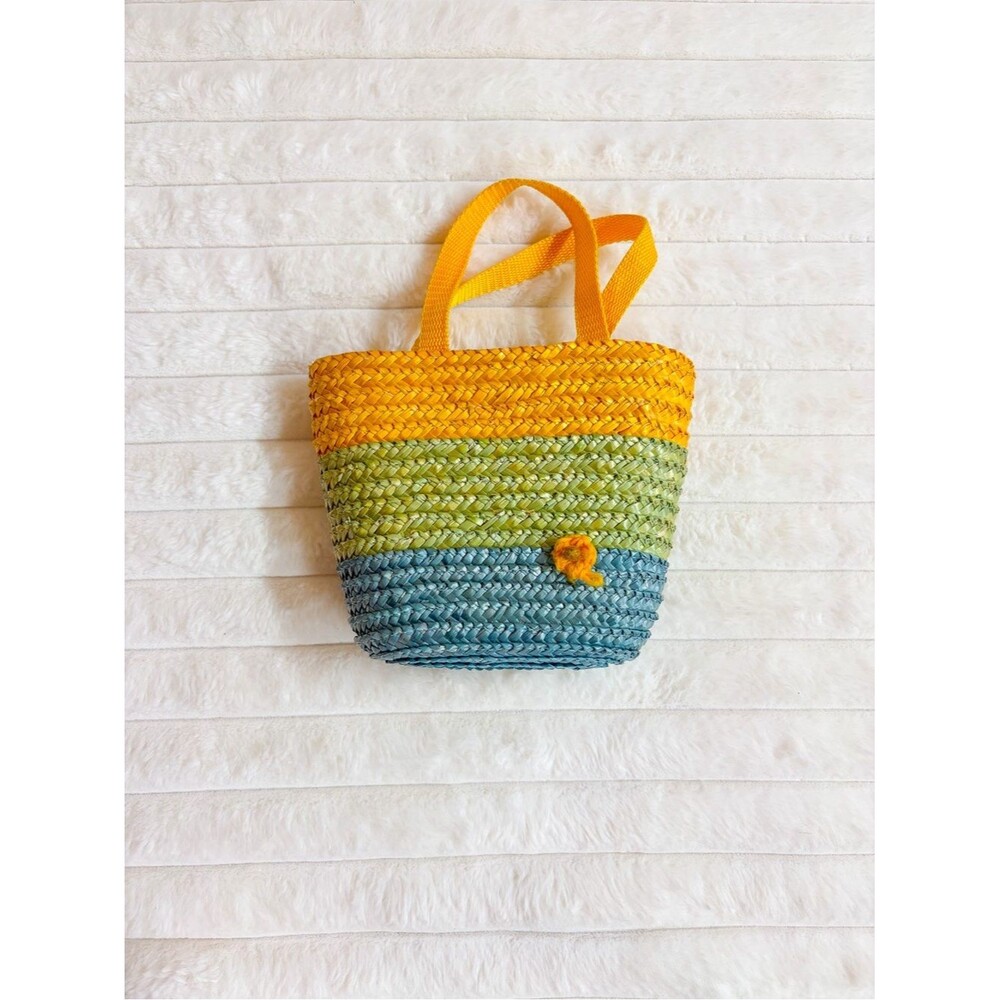 Kids Girls Handwoven Colorblock Straw Hand Bag Purse Vintage